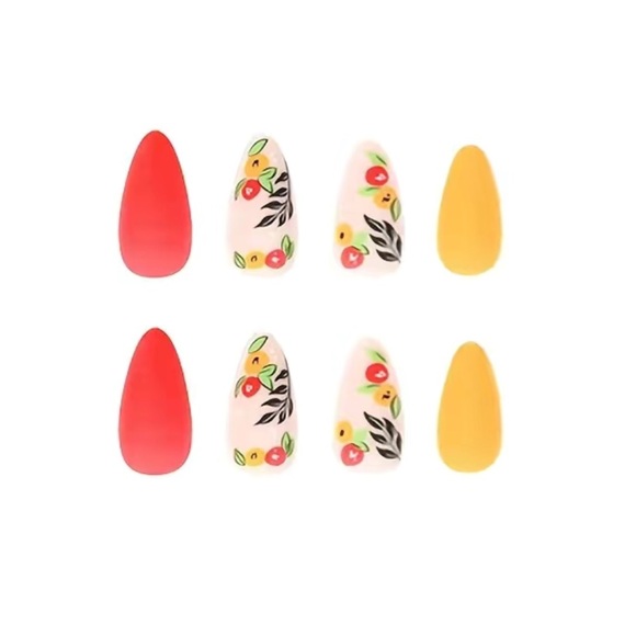 Acrylic Medium Almond Tip Floral Leaf Bright Orange Manicure Nails Professional - Picture 4 of 7